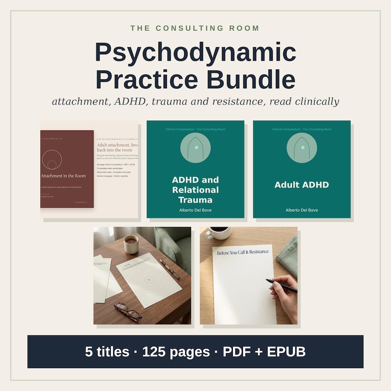 May include: A digital bundle titled Psychodynamic Practice Bundle featuring five titles, 125 pages in PDF and EPUB formats. Includes documents on attachment, ADHD, trauma, and resistance, with cover art in dark red and teal green colors.