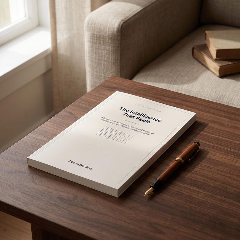 May include: A white softcover book titled The Intelligence That Feels by Alberto Del Bove, featuring a subtitle about psychodynamic blending and a graphic of vertical lines, accompanied by a brown fountain pen on a dark wood surface.