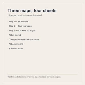 May include: A document titled Three maps, four sheets, containing 10 pages for adults. It lists Map 1&mdash;As it is now, Map 2&mdash;Five years ago, Map 3&mdash;If it were up to you, What moved, The gap between two and three, Who is missing, and Clinician notes.