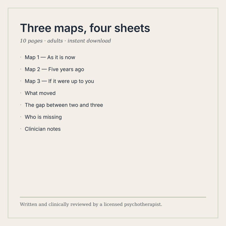 May include: A document titled Three maps, four sheets, containing 10 pages for adults. It lists Map 1&mdash;As it is now, Map 2&mdash;Five years ago, Map 3&mdash;If it were up to you, What moved, The gap between two and three, Who is missing, and Clinician notes.