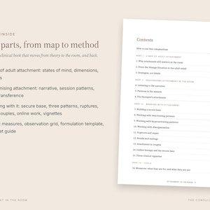 May include: A clinical book titled Attachment in the Room with a beige cover. The left side lists four parts: A map of adult attachment, Recognising attachment, Working with it, and Tools. The right side displays the detailed table of contents.