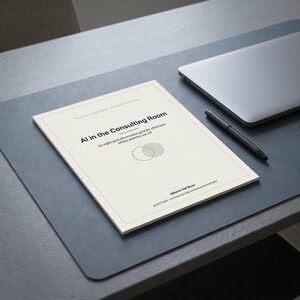 May include: A white document titled AI in the Consulting Room with the subtitle An eight-part observation grid for clinicians whose patients use AI, authored by Alberto Bove, featuring a Venn diagram graphic and a black pen nearby.