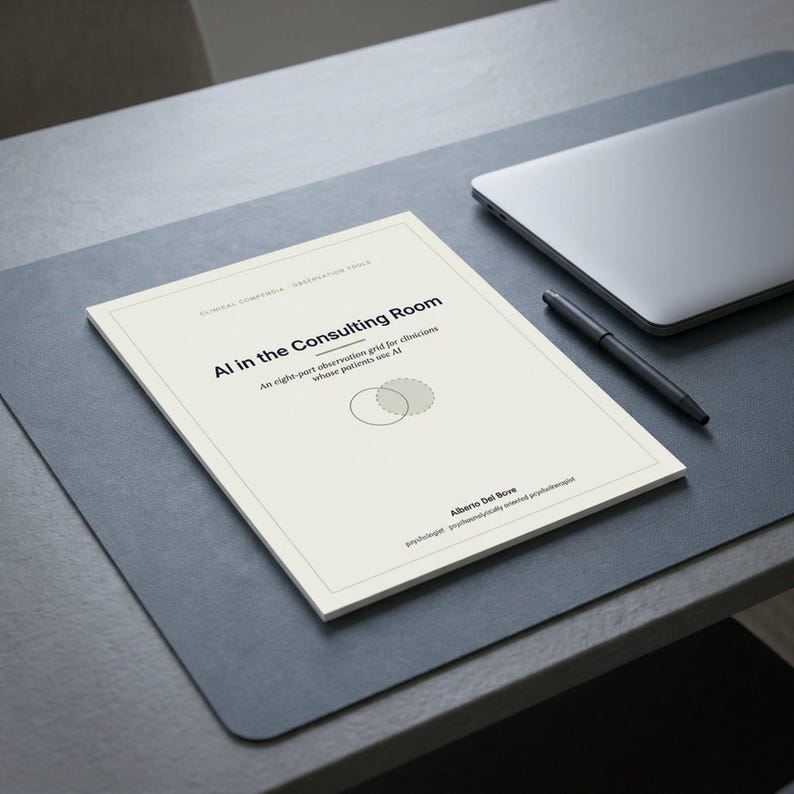 May include: A white document titled AI in the Consulting Room with the subtitle An eight-part observation grid for clinicians whose patients use AI, authored by Alberto Bove, featuring a Venn diagram graphic and a black pen nearby.