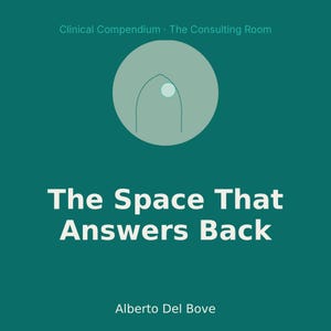 May include: A teal square graphic featuring the text Clinical Compendium The Consulting Room at the top, a light green circle with a stylized arch and dot in the center, and the title The Space That Answers Back with Alberto Del Bove below.