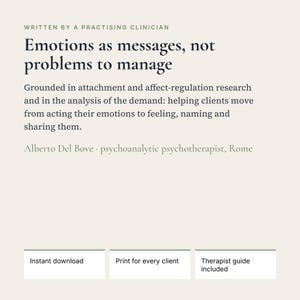 Puede incluir: Un documento digital titulado Emotions as messages, not problems to manage, escrito por Alberto Del Bove. Incluye texto sobre investigaci&oacute;n de apego y regulaci&oacute;n afectiva, adem&aacute;s de tres cuadros etiquetados como Instant download, Print for every client y Therapist guide included.