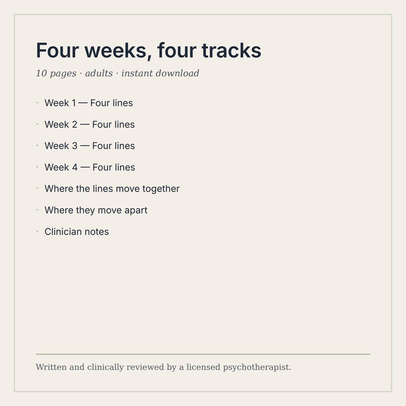 以下が含まれることがあります： Four weeks, four tracksというタイトルの大人向け10ページのデジタル文書。テキストにはWeek 1からWeek 4までがFour linesと記載され、続いてWhere the lines move together、Where they move apart、Clinician notesと書かれています。