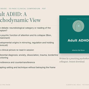 May include: A 19-page clinical compendium PDF titled Adult ADHD: A Psychodynamic View by Alberto Del Bove. The document lists seven sections covering topics like neurobiological categories, psychic function, and clinical diagnosis.