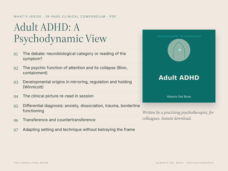 May include: A 19-page clinical compendium PDF titled Adult ADHD: A Psychodynamic View by Alberto Del Bove. The document lists seven sections covering topics like neurobiological categories, psychic function, and clinical diagnosis.