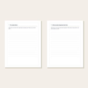 May include: Two white journal pages with black text and horizontal lines. The left page is titled 1 The night before and asks about body sensations. The right page is titled 5 What actually happened last time and asks about past events.