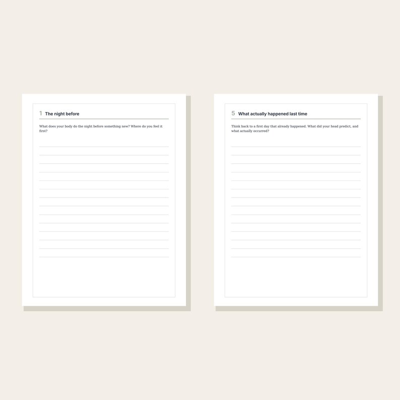 May include: Two white journal pages with black text and horizontal lines. The left page is titled 1 The night before and asks about body sensations. The right page is titled 5 What actually happened last time and asks about past events.