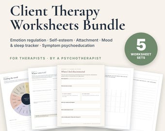 Könnte beinhalten: Ein digitales Bündel von Therapie-Arbeitsblättern für Klienten mit 67 Seiten in 5 Sets. Die Dokumente umfassen Emotionsregulation, Selbstwertgefühl, Bindung, Stimmungs- und Schlaf-Tracker sowie Formulare zur Symptom-Psychoedukation.