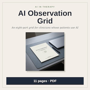 Könnte beinhalten: Ein 11-seitiges PDF-Dokument mit dem Titel AI Observation Grid, das den Text AI in the Consulting Room und ein achtteiliges Raster für Kliniker enthält. Das Dokument liegt auf einem Schreibtisch neben einem geschlossenen Laptop und einem schwarzen Stift.