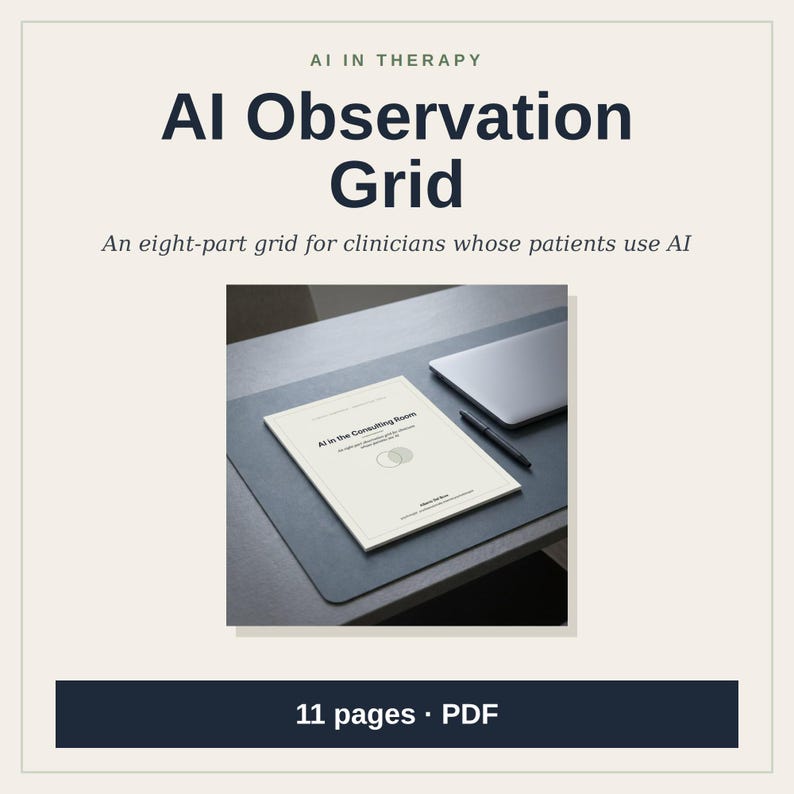 May include: An 11-page PDF document titled AI Observation Grid, featuring the text AI in the Consulting Room and an eight-part grid for clinicians. The document is displayed on a desk next to a closed laptop and a black pen.