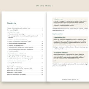 May include: A two-page spread of a book titled What's Inside, featuring a detailed table of contents on the left page and three numbered instructional boxes on the right page, including Checking a claim, A handout in my voice, and Changing the reading level.