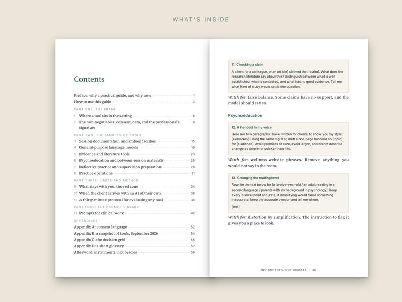 May include: A two-page spread of a book titled What's Inside, featuring a detailed table of contents on the left page and three numbered instructional boxes on the right page, including Checking a claim, A handout in my voice, and Changing the reading level.