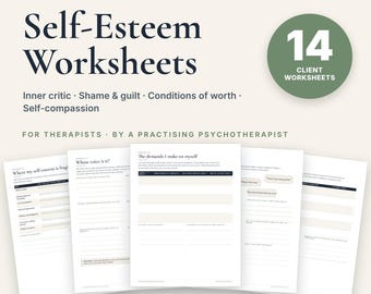 Può includere: Un set di 14 schede di lavoro stampabili sull'autostima per terapeuti. Il documento presenta testo blu scuro su sfondo chiaro, inclusi titoli come Where my self-esteem is fragile e The demands I make on myself.