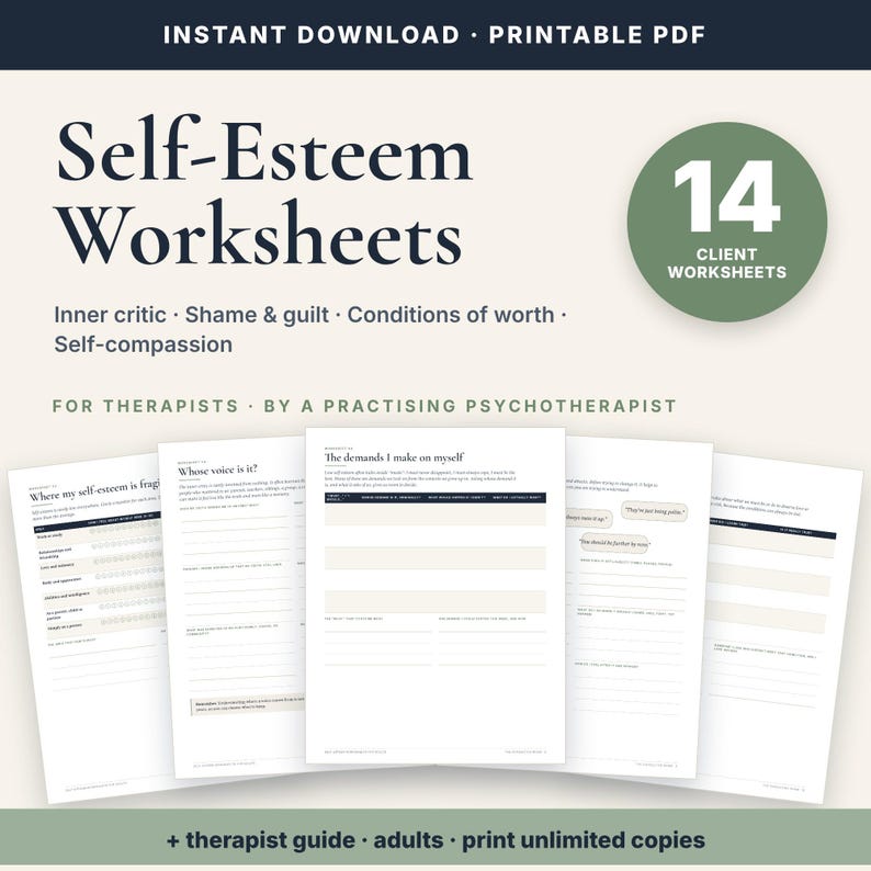 May include: A set of 14 printable self-esteem worksheets for therapists. The document features dark blue text on a light background, including titles like Where my self-esteem is fragile, Whose voice is it, and The demands I make on myself.