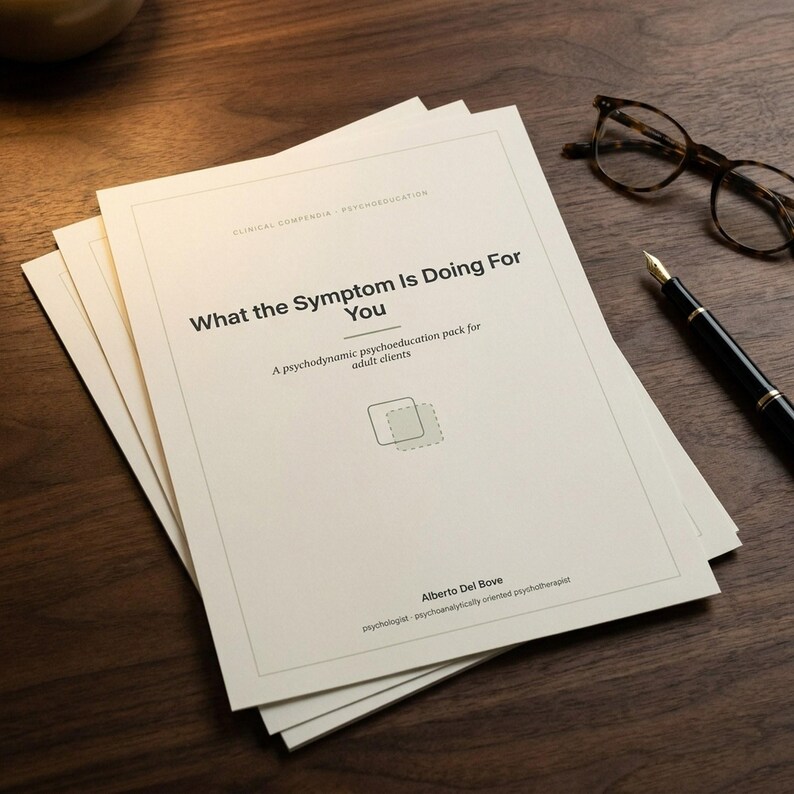 K&ouml;nnte beinhalten: Ein Stapel wei&szlig;er Papierdokumente mit dem Titel What the Symptom Is Doing For You, ein psychodynamisches Psychoedukationspaket f&uuml;r erwachsene Klienten von Alberto Del Bove. Das Dokument enth&auml;lt eine kleine quadratische Grafik, einen schwarzen F&uuml;llfederhalter und eine Brille.