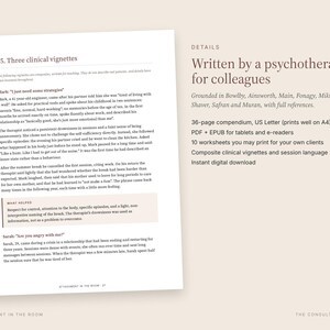 May include: A document page titled 15. Three clinical vignettes featuring text about Mark and Sarah, alongside a details section listing a 36-page compendium, US Letter format, PDF and EPUB files, and 10 printable worksheets for clients.