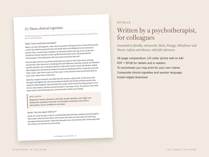 May include: A document page titled 15. Three clinical vignettes featuring text about Mark and Sarah, alongside a details section listing a 36-page compendium, US Letter format, PDF and EPUB files, and 10 printable worksheets for clients.