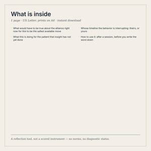 K&ouml;nnte beinhalten: Ein einseitiges digitales Dokument mit dem Titel What is inside, das Text zur klinischen Reflexion enth&auml;lt. Es listet Fragen zu Allianz, Patienteneinsicht, Verhaltenszeitpl&auml;nen und Anwendungshinweisen auf und endet mit einem Hinweis als Reflexionswerkzeug.