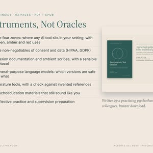 May include: A digital guide titled Instruments, Not Oracles, featuring a dark green cover with two overlapping circles. The text lists seven chapters covering AI tools in clinical practice, data consent, documentation, and language models.