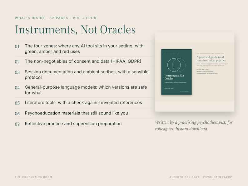 May include: A digital guide titled Instruments, Not Oracles, featuring a dark green cover with two overlapping circles. The text lists seven chapters covering AI tools in clinical practice, data consent, documentation, and language models.