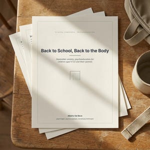 May include: A stack of off-white paper documents with black text. The top page reads: Clinical Compendia Psychoeducation, Back to School, Back to the Body, September anxiety: psychoeducation for children aged 9-12 and their parents, Alberto Del Bove.