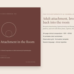 May include: A dark maroon clinical compendium titled Attachment in the Room by Alberto Del Bove. The cover features a white line drawing of two circles and text detailing a 36-page guide for psychotherapists and counsellors.