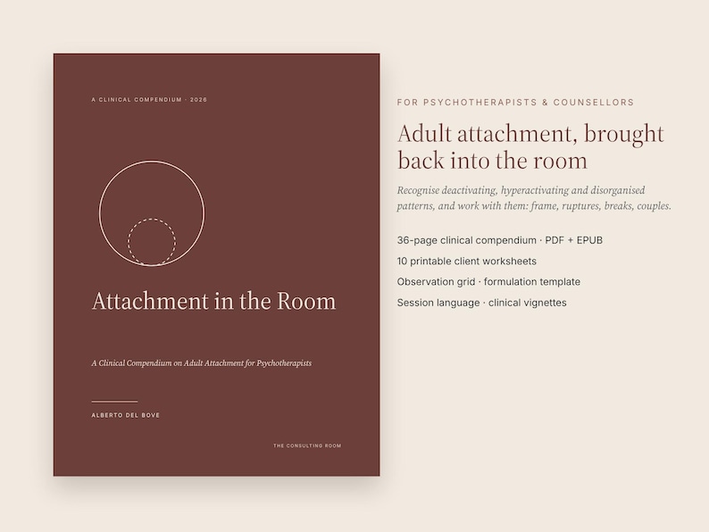 May include: A dark maroon clinical compendium titled Attachment in the Room by Alberto Del Bove. The cover features a white line drawing of two circles and text detailing a 36-page guide for psychotherapists and counsellors.
