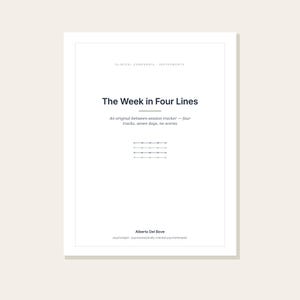 以下が含まれることがあります： The Week in Four Linesというタイトルの白い文書。セッション間トラッカーで、円形のマーカーが付いた4本の水平線、Clinical Compendia Instrumentsというテキスト、著者のAlberto Del Boveの名前が記載されています。