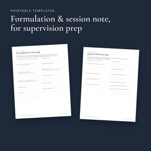 May include: Two white printable templates on a dark background. The left sheet is titled Formulation on one page, and the right sheet is titled Session reflection note. Both documents feature structured sections with lines for written input.