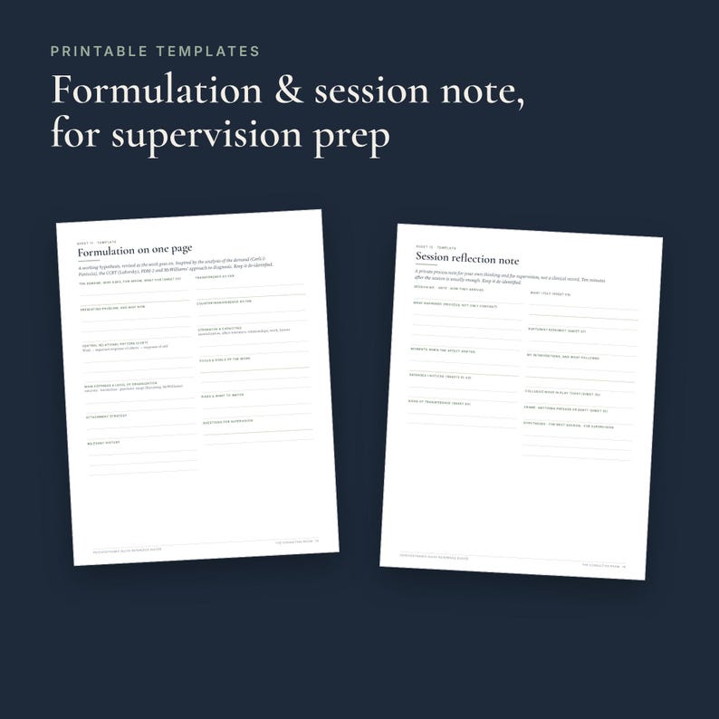 May include: Two white printable templates on a dark background. The left sheet is titled Formulation on one page, and the right sheet is titled Session reflection note. Both documents feature structured sections with lines for written input.