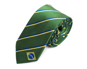 Brazil Skinny Tie - 2.5&quot; - Inspired by the Brazilian Flag - Brasil Thin Necktie - LDS Missionary - NOT Personalized