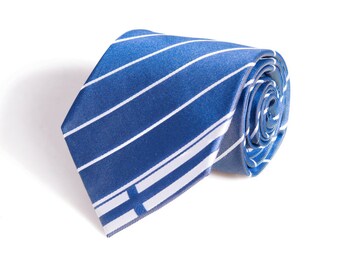 May include: A blue and white striped tie rolled up. The tie has white stripes on a blue background.