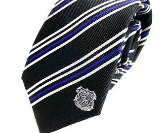 Police Department Skinny Tie - 2.5” - Inspired by the Thin Blue Line Policeman Officer Thin Necktie - INCLUDES Personalized Embroidered Tag