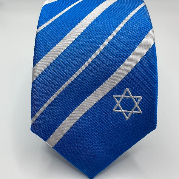Cravate fine Israël - 2,5 pouces - inspirée du drapeau d'Israël - Cravate fine juive d'Israël - Missionnaire LDS - Comprend une étiquette brodée personnalisée