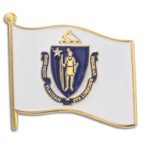 May include: A gold-colored metal pin with a white flag featuring the state seal of Massachusetts. The seal is blue with a gold outline and depicts a Native American man holding a bow and arrow. The text around the seal reads "Ense petit placidam sub libertate quietem".
