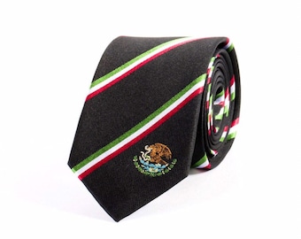 Mexico Skinny Tie - 2.5&quot; - Inspired by the Mexican Flag - Mexico Thin Necktie - LDS Missionary - INCLUDES Personalized Embroidered Tag