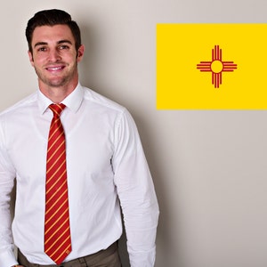 May include: A man wearing a white dress shirt with a red and yellow striped tie. He is standing in front of a yellow flag with a red symbol.