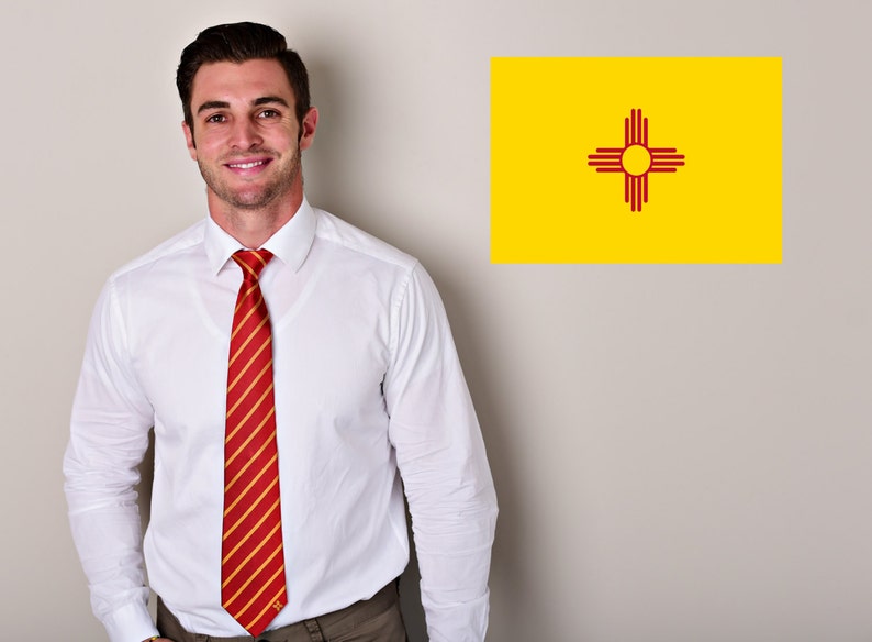 May include: A man wearing a white dress shirt with a red and yellow striped tie. He is standing in front of a yellow flag with a red symbol.