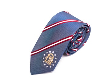 Georgia Skinny Tie - 2.5” - Inspired by the Georgia Flag - Georgia GA Thin Necktie - LDS Missionary - INCLUDES Personalized Embroidered Tag