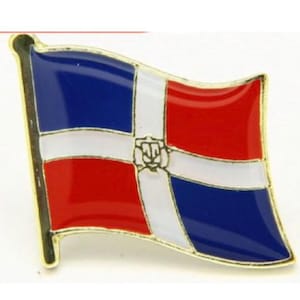 Waving flag of Dominican Republic with chrome flag pole in blue sky waving in the wind. High