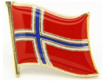 May include: A red, white, and blue enamel pin featuring the flag of Norway. The pin is gold-toned and has a safety clasp.