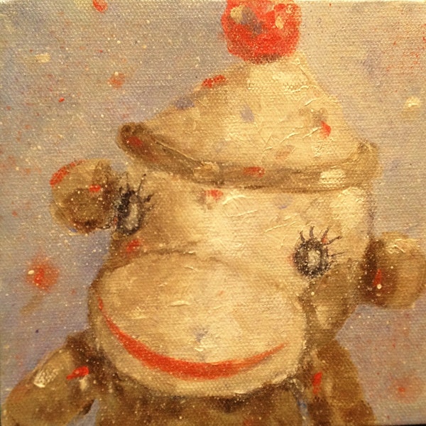 PARTY MONKEY 6" square Original Painting by Artist, Beth Capogrossi Sock Monkey Painting