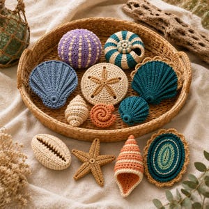May include: A collection of crocheted sea life figures including a purple sea urchin, a teal and cream striped urchin, various blue and teal shells, a tan sand dollar, a tan starfish, a cream cowrie shell, and a peach spiral shell.