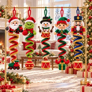 Christmas Crochet Wind Spinner Pattern Bundle, 5 in 1 Santa Snowman Elf Nutcracker Amigurumi Hanging Christmas Decor PDF