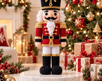 May include: A crocheted nutcracker doll featuring a tall black hat with gold trim, a red jacket with gold buttons, white trousers, and black boots. The figure has a white beard, a black mustache, and a light skin tone, standing upright.