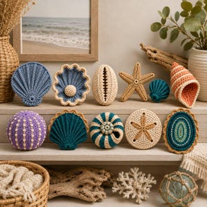 May include: A collection of eleven crocheted sea-themed items including various shells, a starfish, a sand dollar, and a sea urchin. The pieces feature intricate yarn textures in shades of blue, purple, beige, and orange, arranged on a wooden shelf.