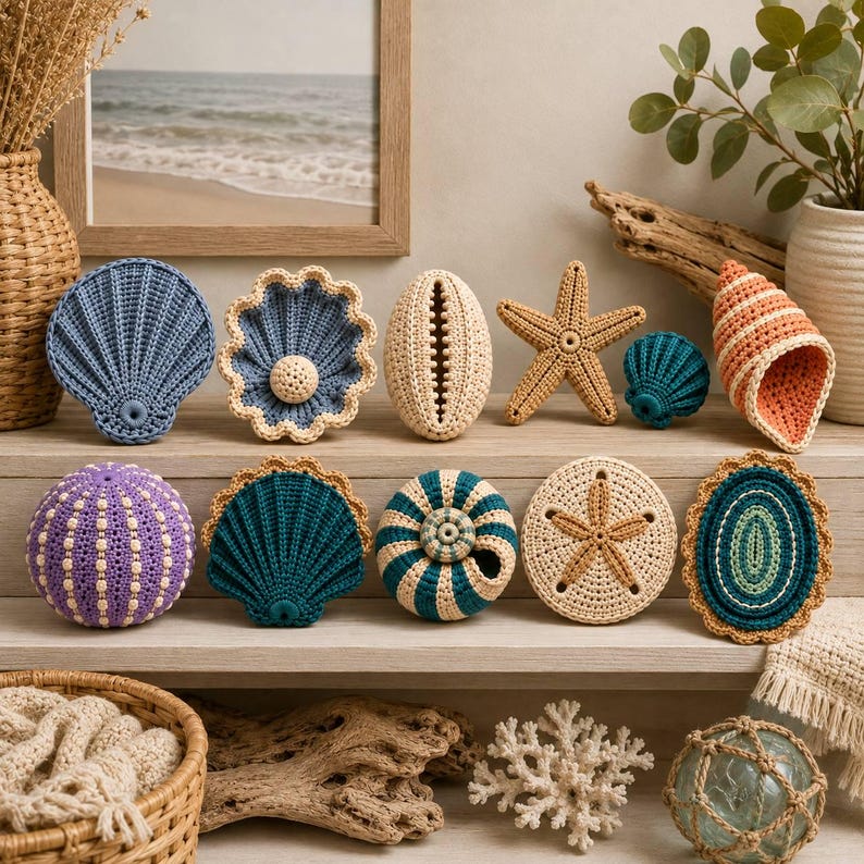May include: A collection of eleven crocheted sea-themed items including various shells, a starfish, a sand dollar, and a sea urchin. The pieces feature intricate yarn textures in shades of blue, purple, beige, and orange, arranged on a wooden shelf.
